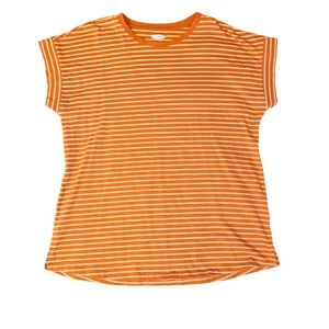 Short sleeve white and orange striped tee.